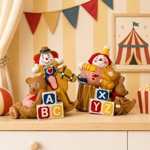Vintage Burwood Clown Nursery Wall Plaques ABC Blocks Teddy Bear Set of 2‎